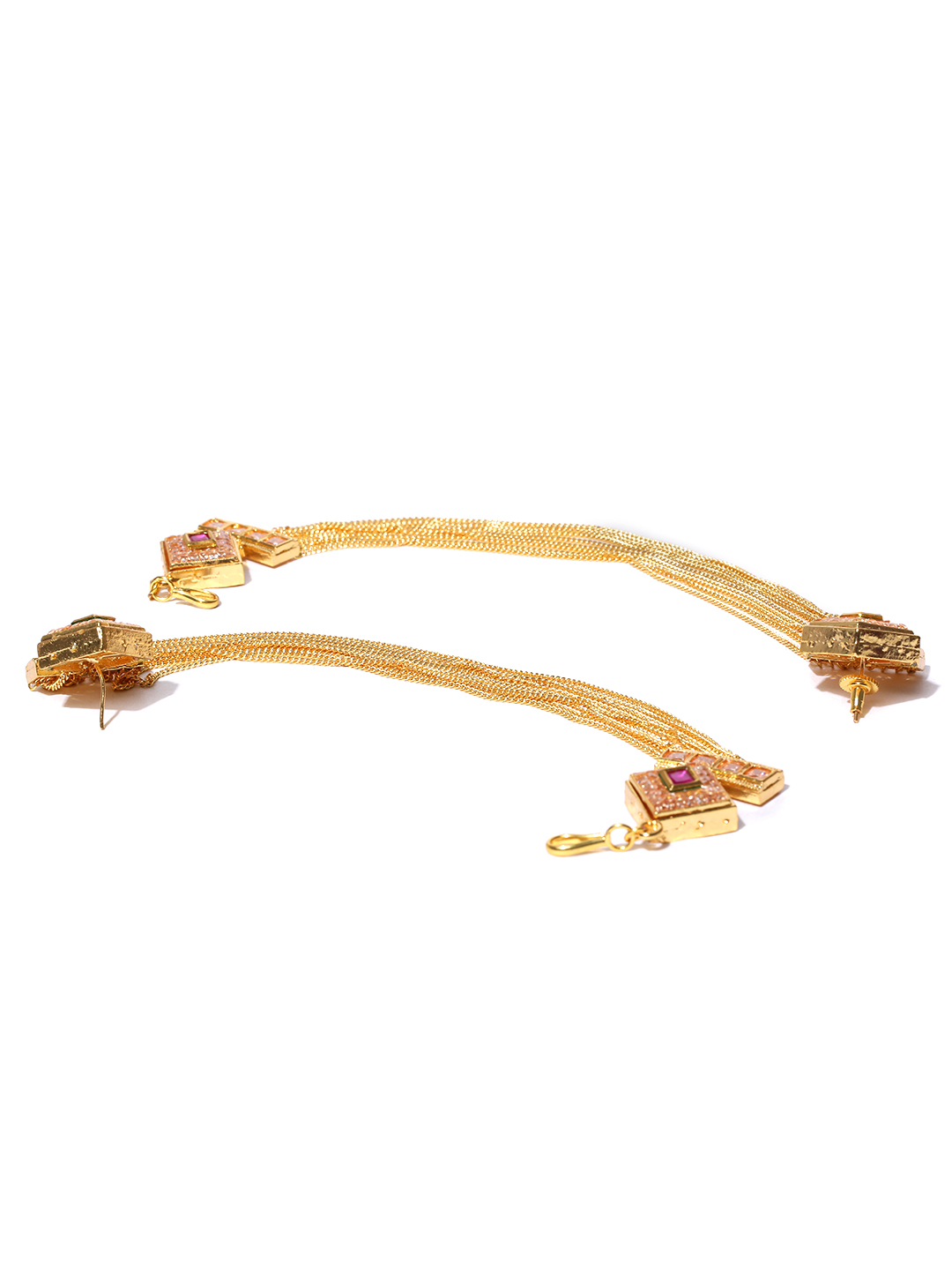 YouBella Gold-Toned  Pink Geometric Studs with Ear Chains